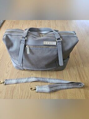 DKNY Gray Pebbled Leather weekender Duffel with Striped Detachable Strap